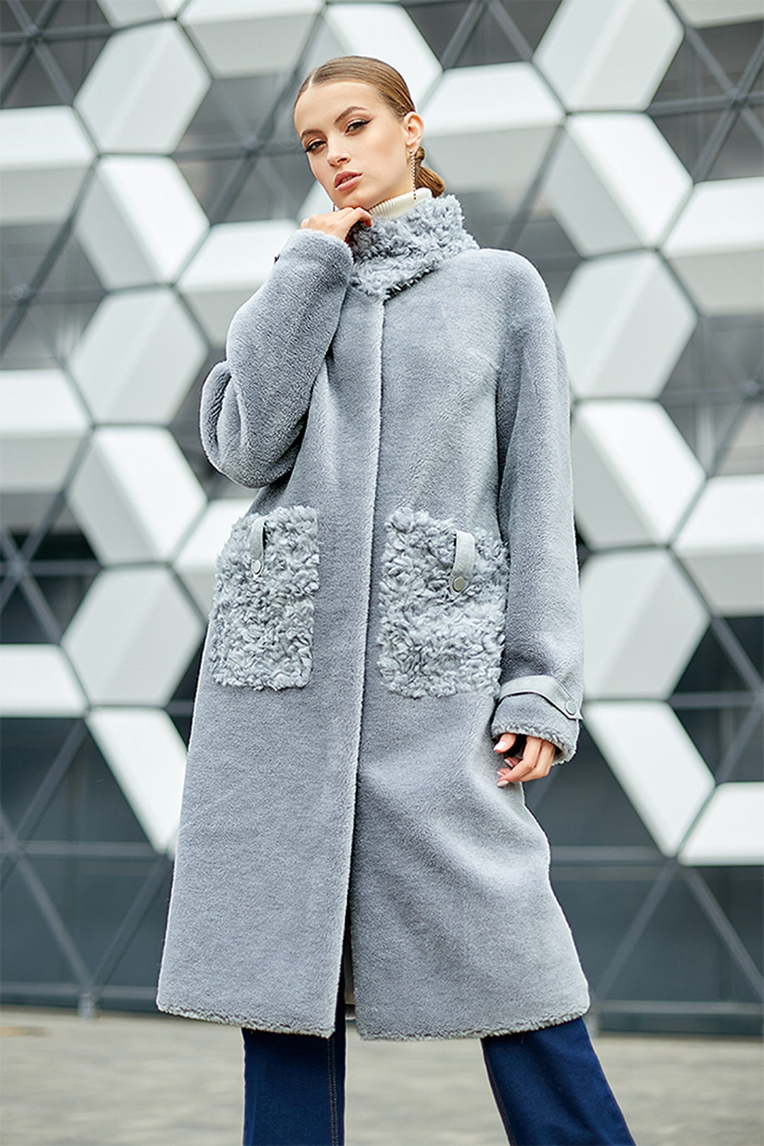 Пальто женское из овечьей шерсти ЭМ-14 (Серый) с воротником стойка